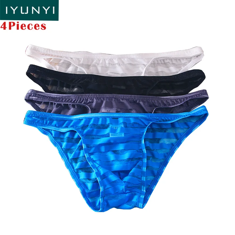

4Pcs/lot Sexy Men Panties See Through Mesh Bikini Briefs Gay Underwear Thongs Low Rise Striped Pouch Underpants Slip Men