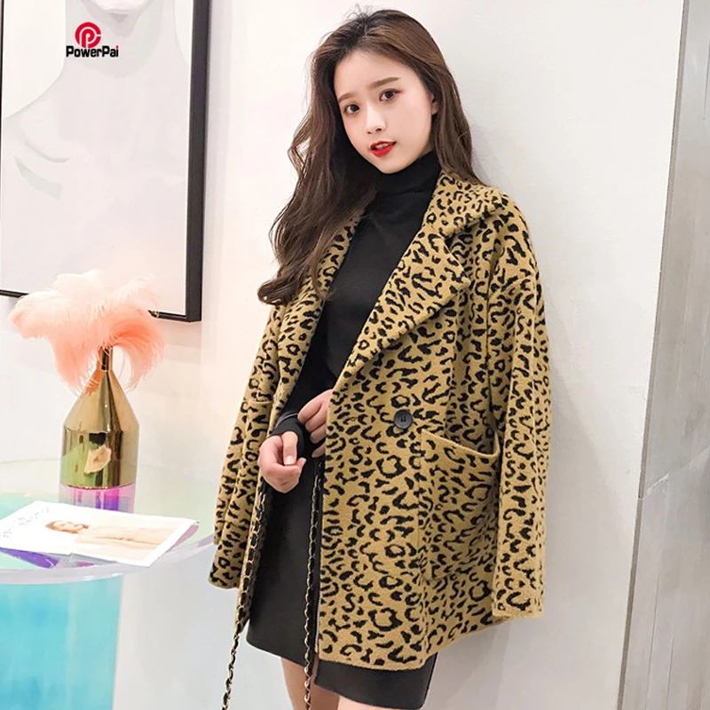 

Sexy Leopard Imitated Mink Cashmere Coat Loose Korean Style Big Pocket Thick Long Jacket Women Autumn Winter Cardigan