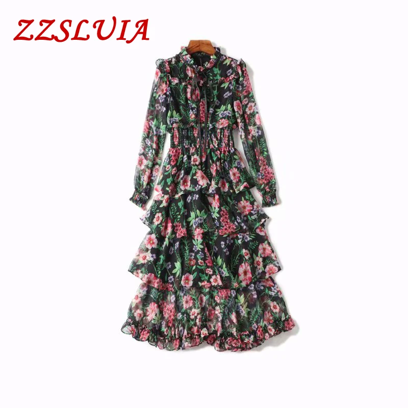 

High quality 2019 new arrive brand floral printed ruffles designer lantern sleeve slim layer women's dresses