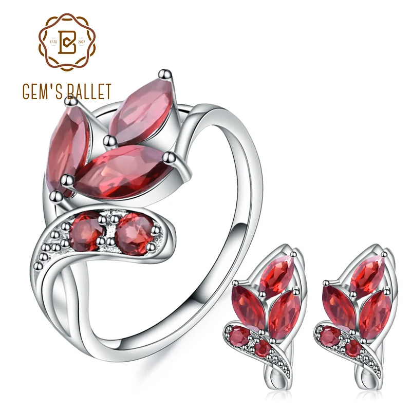 

GEM'S BALLET Pure 925 Sterling Silver Gemstone Set For Women Engagement Leaf Shape Natural Red Garnet Earrings Ring Jewelry Sets