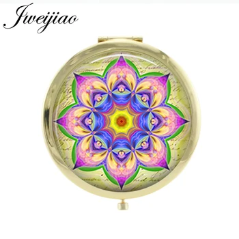 

JWEIJIAO Mandala Flower Glass Cabochon Pocket Mirror Gold Plated Metal Portable Compact Floding Women Makeup Vanity Mirrors