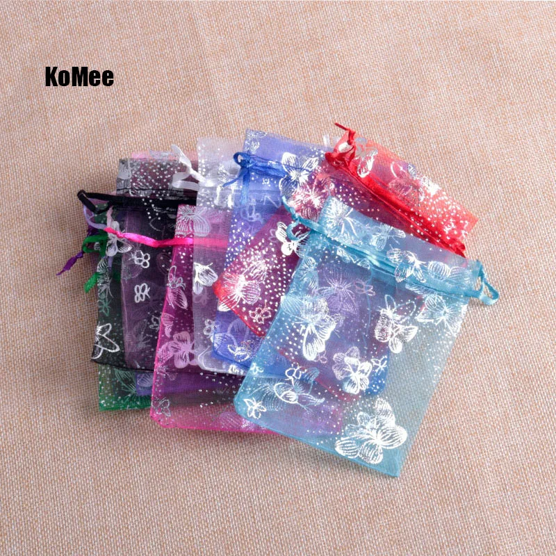 

100pcs 7x9cm Drawable Organza Bags Butterfly Random Mixed color Wedding Christmas Gift Bag Jewelry Packaging Bags Pouches