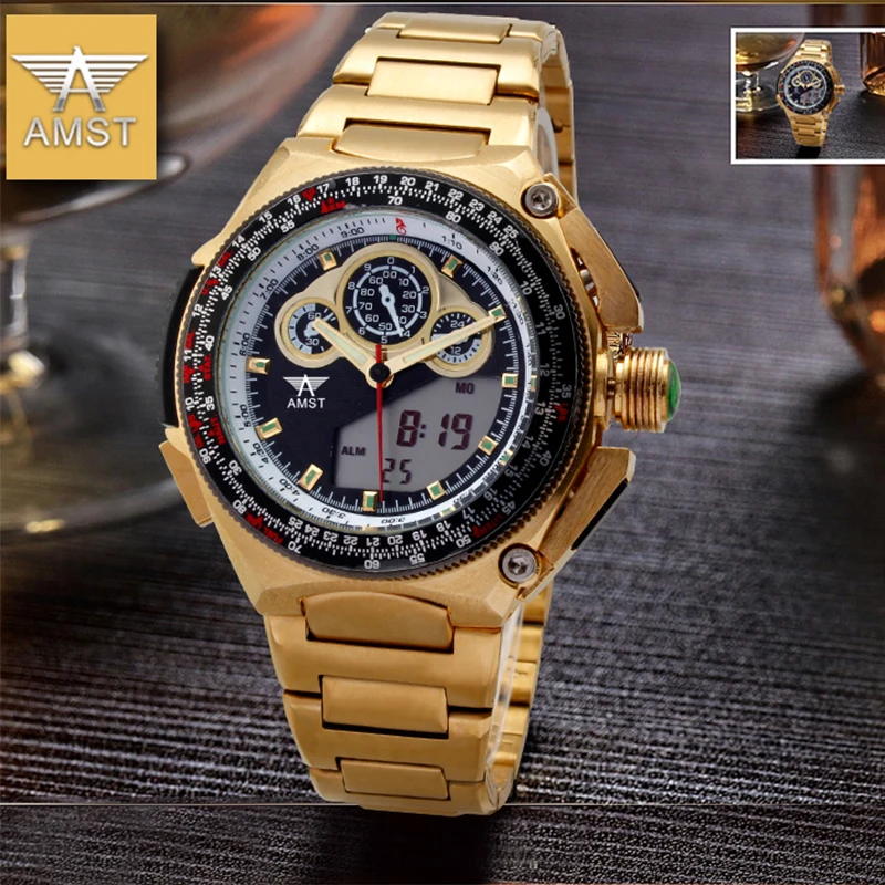 

Luxury Brand Men's Watch AMST 2019 New Fashion Gold Wrist Watch Digital Quartz Double Display Watch Men Sports Waterproof Clock