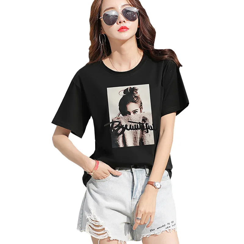 

Shintimes 2019 Summer Girl Print T Shirt Women Cotton Short Sleeve White T-Shirts Female Fashion Korean Black Tee Shirt Femme