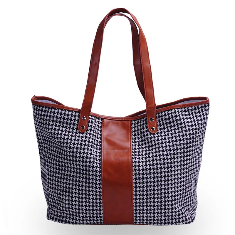 Wholesale Houndstooth Tote Bag with PU Faux Leather Handles Heringbone