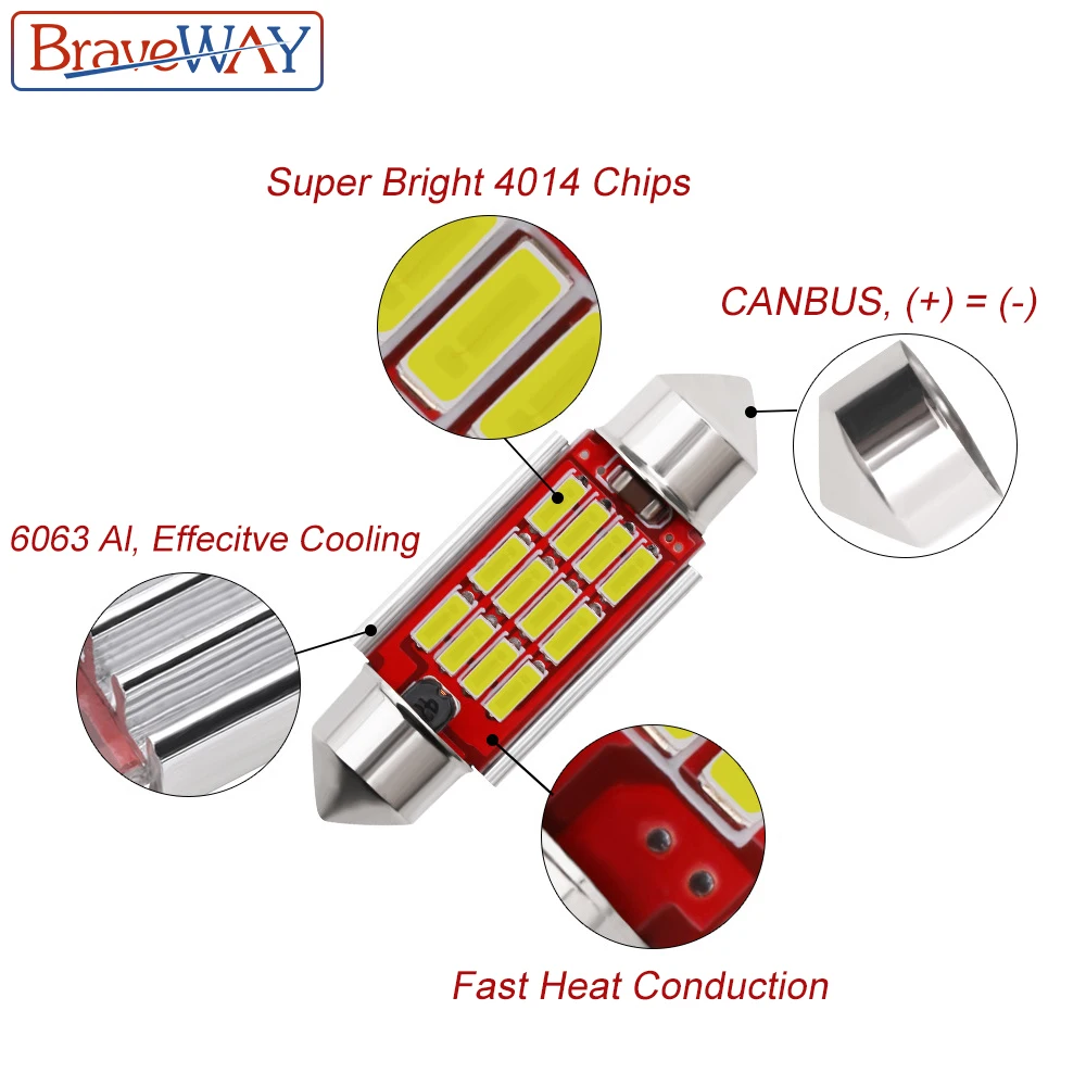 BraveWay 1 шт. 31 мм 36 мм 39 мм 41 мм светодиодный светильник C5W C10W супер яркий 4014 SMD Canbus без ошибок авто Интерьер Doom лампа для стайлинга автомобилей