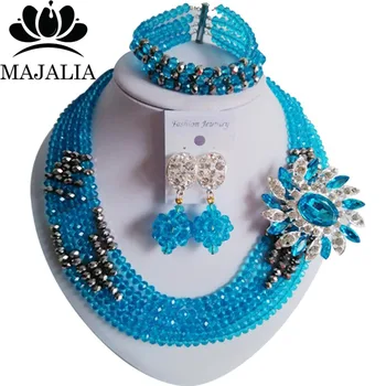 

Majalia Fashion Nigeria Wedding African Beads Jewelry Set Lake blue and Silver Crystal Necklace Bridal Jewelry Set 5VU039