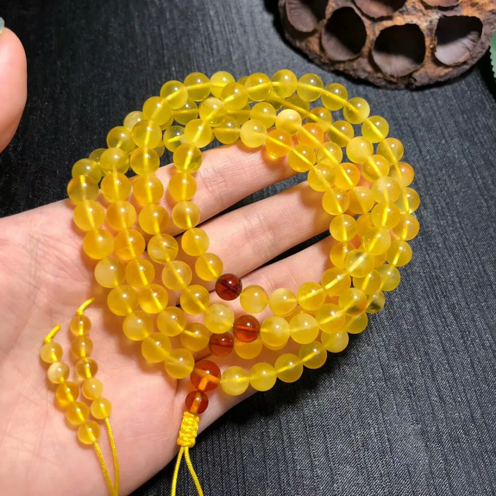 100% 7,5 мм натуральный желтый янтарные браслеты драгоценный камень 108 молитва круглый бусины драгоценный камень женское ожерелье браслет AAAAA
