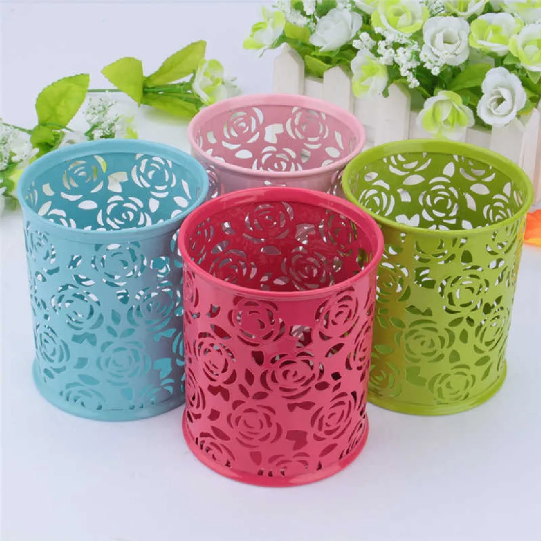  Hollow Metal Rose Flower Design Makeup Brushes Storage Bottle Fashion Cosmetics Make Up Pen Pencil 