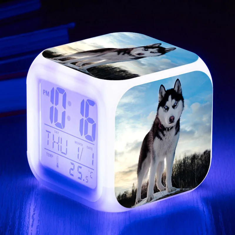 Cute Dog LED Clocks LED 7 color Flash Digital Alarm Clock reloj