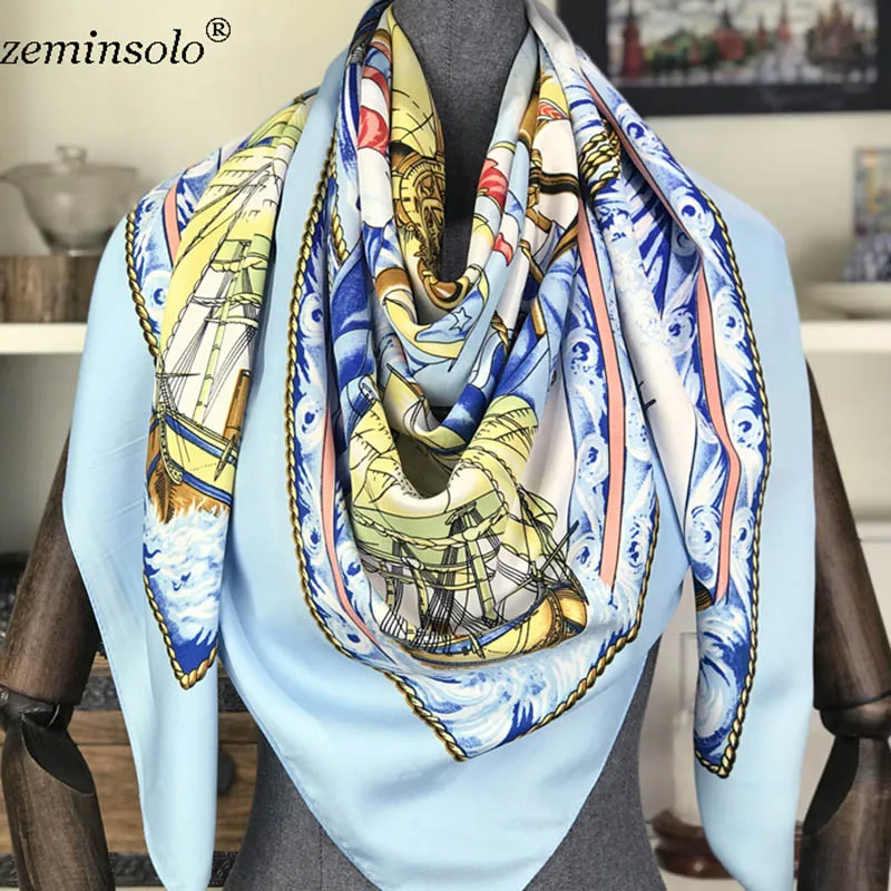 Шелковый шарф женские квадратные шарфы обертывания шейный платок женский Шелковый платок хиджаб бандана леди Bufandas шали 130*130 см - Цвет: Небесно-голубой