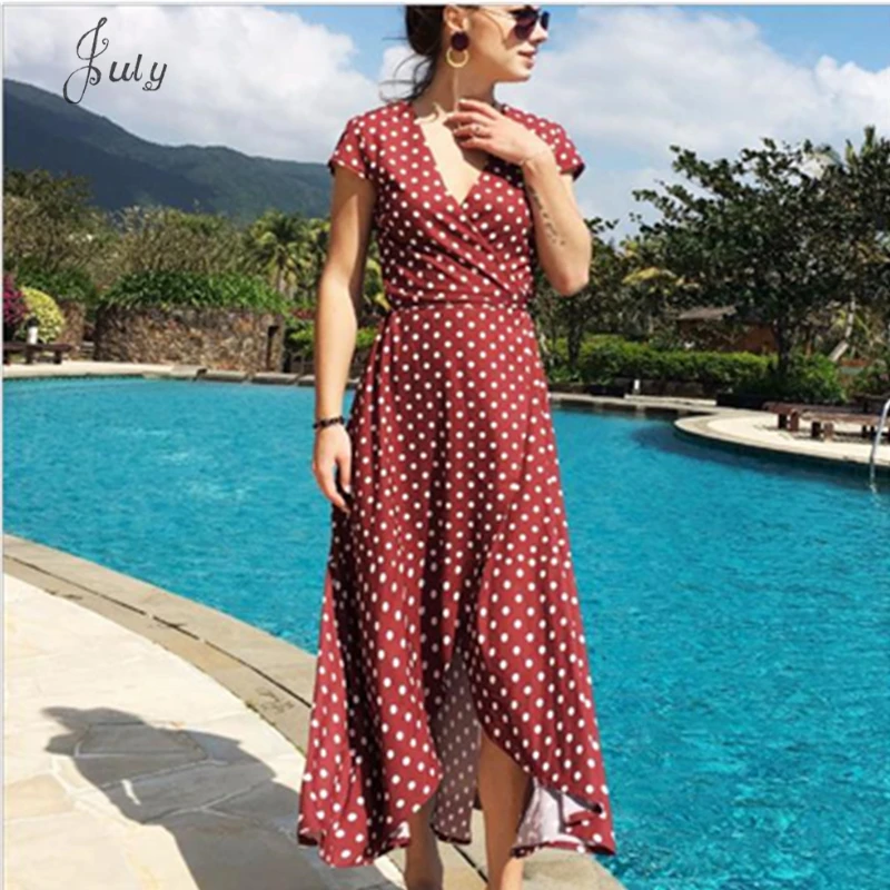 

2019 summer chiffon dress V-neck wave point bohemian dress leisure vacation beach dress fashion large size JULY