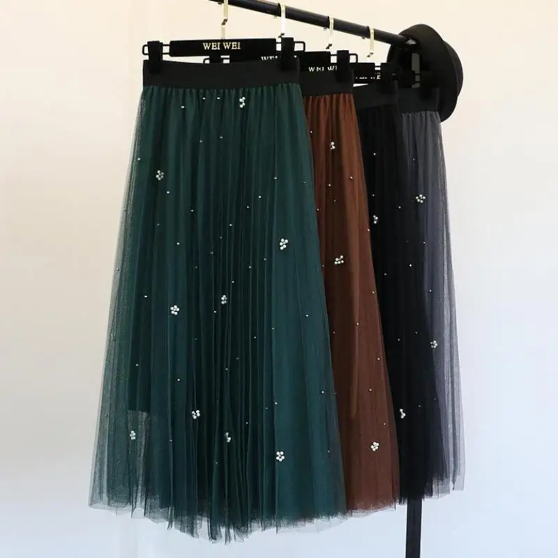 

2019 New Style Temperament Self-cultivation Of Pearl Gauze Elastic High Waist Skirt Tulle Skirt Free Shipping