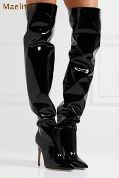 shiny leather thigh high boots