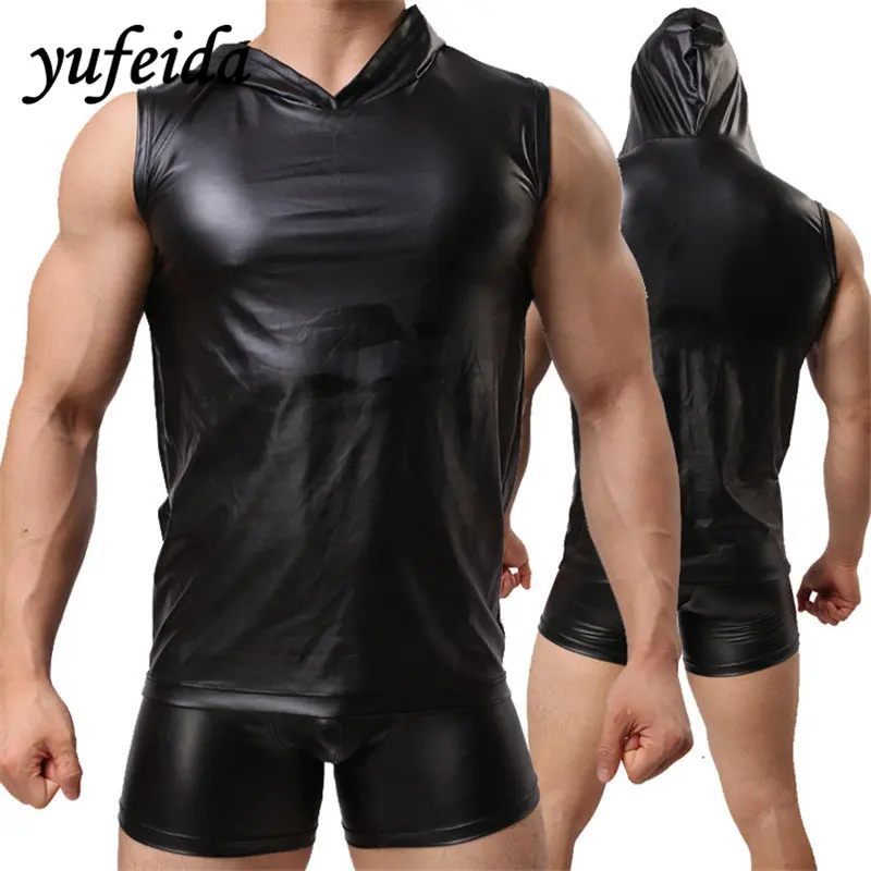 Yufeida Men Top Faux Leather Men's Black Hooded Vest Sleeveless Men's Underwear Undershirt Faux