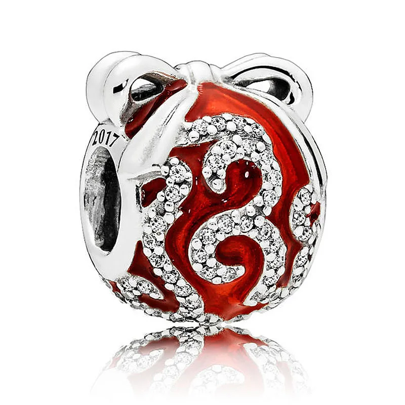 

New 925 Sterling Silver Bead Charm Red Enamel Bright Ornament With Crystal Beads Fit Pandora Bracelet Bangle Diy Jewelry