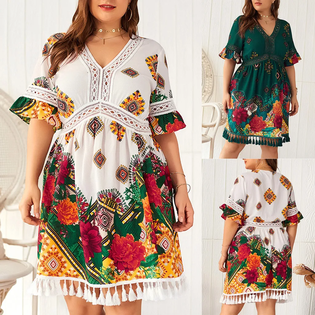 Plus Size Women Summer Dress Bohemian Floral Print Tassels Short Sleeve Dress Vintage Women V-Neck Beach Dresses roupas feminina