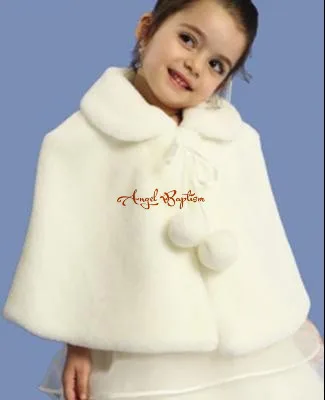 

Vintage Autumn Winter wedding warm ivory flower girl faux fur cape princess jacket wrap kid bolero with tie children stole