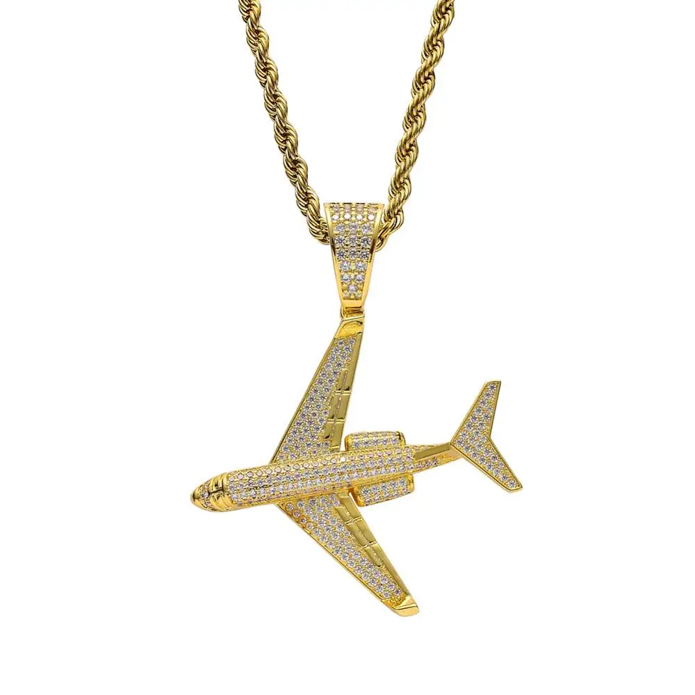 

Hip Hop Micro Paved AAA Cubic Zirconia Bling Ice Out Aircraft Pendants Necklaces for Men Jewelry Gold Color
