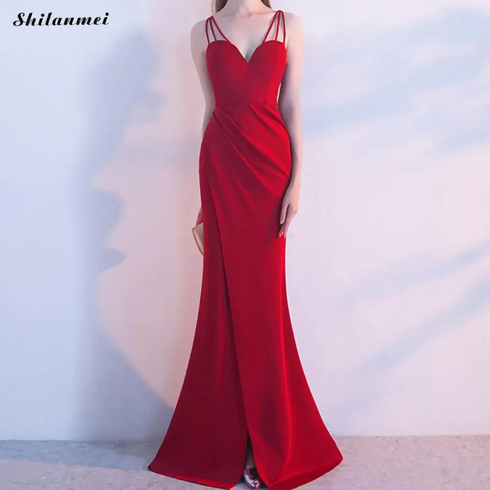

Fashion Front Slit Women Summer Long Dress Sexy Deep V Neck Spaghetti Strap Mermaid Female Party Dress New Backless Vestidos Red