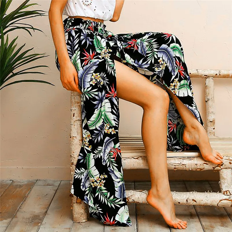 Summer Skirts Women Boho Maxi Skirt Beach Leaf Print Holiday Summer High Waist Long Skirt faldas mujer moda 2019 El verano H26 (6)