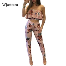 

Women Summer Sexy Two Piece Sets Printed Crop Tops Long Pants Ruffles Sleeveless Strapless Backless Sexy Set Combinaison Femme