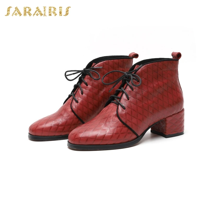 

SARAIRIS hot sale new cow genuine leather lace up chunky heels Boots Women Shoes retro booties Woman ankle Boots