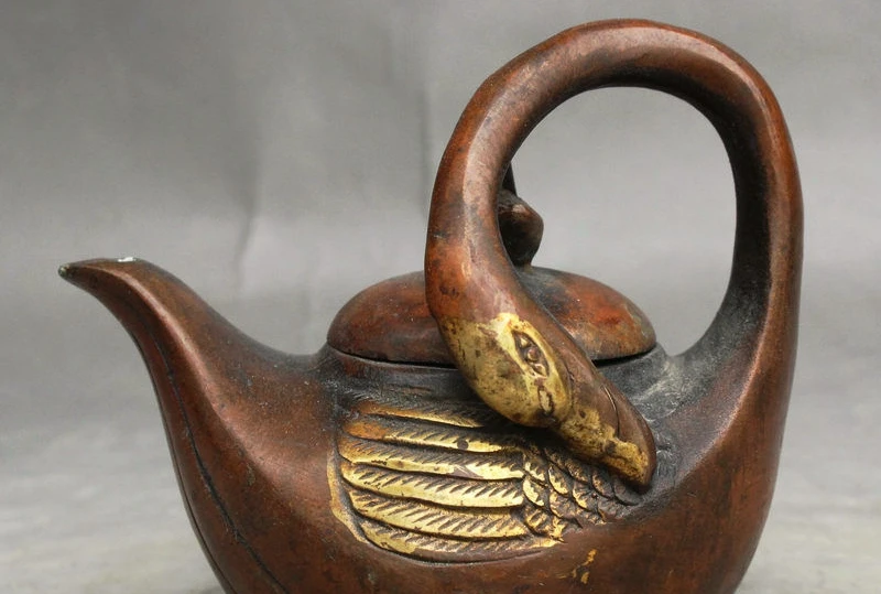 

4" Old China FengShui Bronze Gilt Swan Shaped Statue Teapot Wine Pot Flagon