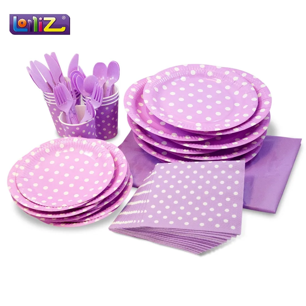 

LolliZ Party Pack For 8, Lavender/Polka Dots Design Kids Birthday Party Decoration Set Party Supplies Baby Birthday Pack