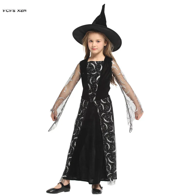 M-XL черный девушки Хэллоуин колдунья костюмы Дети ведьмы Cosplays Пурим карнавал этап игра Маскарад Rave праздничное платье