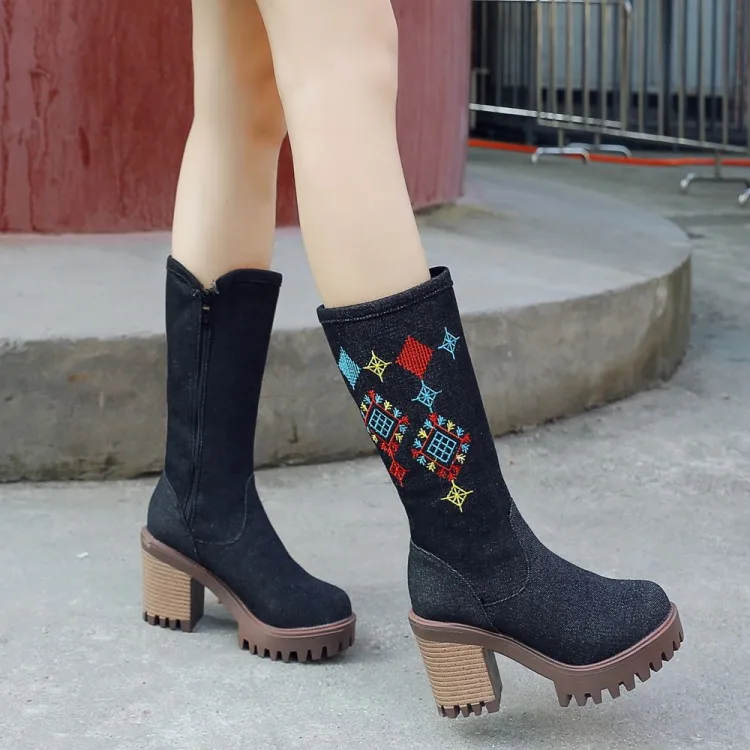 US4-11 Womens Round Toe Denim Jeans Embroidery Mid Calf Boots Oxfords Block Chunky Heel Shoes Side Zip Plus Size 3Colors A1230 - Цвет: Черный