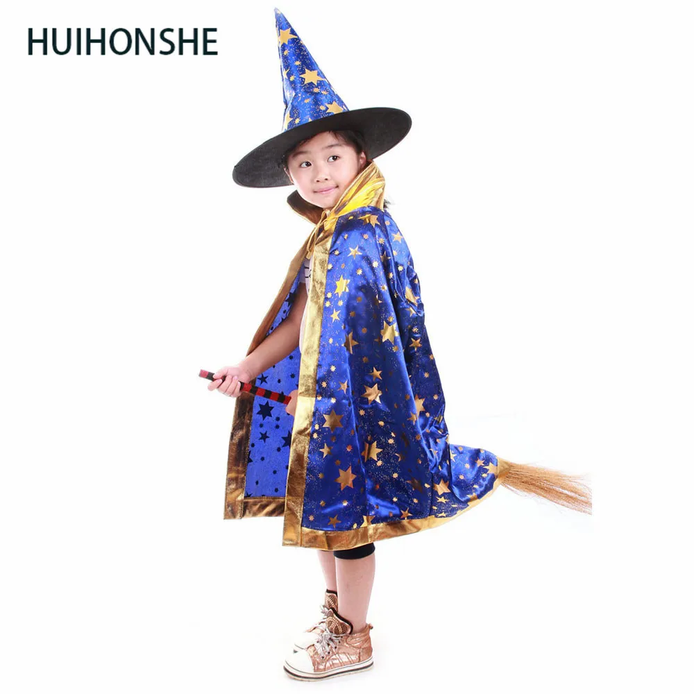 Boy-Girl-Kids-Children-Halloween-Costumes-Witch-Wizard-Cloak-Gown-Robe-and-Hat-Cap-Stars-Fancy (2)
