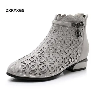 

2019 New Spring Summer Microfiber Leather Mesh Ankle Boots Women Shoes Fashion Pointed Rhinestone Shoes Low-heeled Women Boots