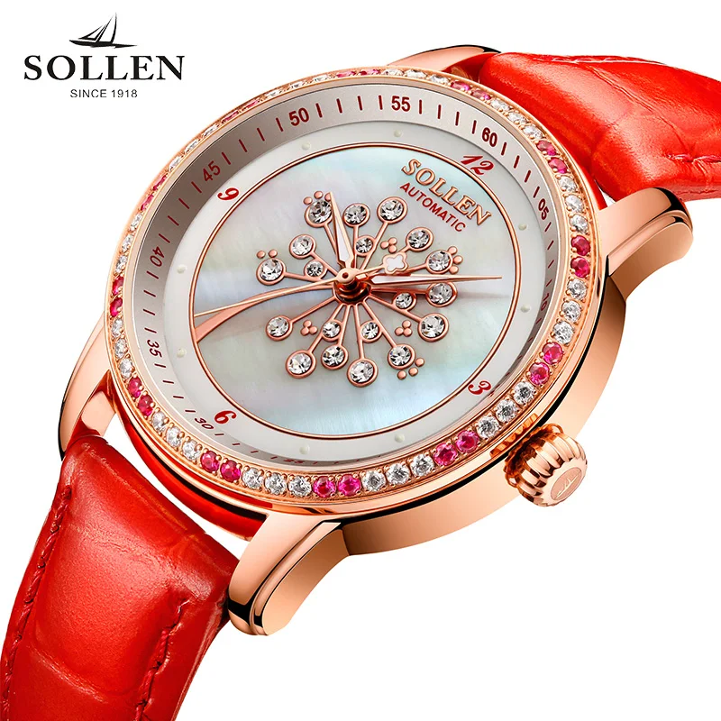 

luxury brand watches women automatic mechanical Romantic dandelion shell pearl diamond sapphire Italian calfskin wristwatch 2017