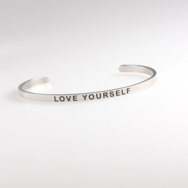 LOVE YOURSELF Цена 4 мм нержавеющая сталь бар выгравированы положительные вдохновляющие цитаты манжета браслет с мантрой браслет для мужчин лучшие подарки - Окраска металла: LOVE YOURSELF