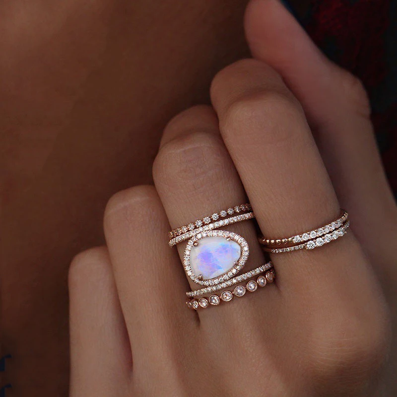 

3 Colors Vintage Moonstone Women Ring Crystal Big Stone Wedding Engagement Rings H Shape New Antique Statement Girl Jewelry Ring
