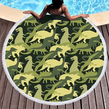 

Dinosaur Round Beach Towel Camouflage Tassel Tapestry Cartoon Mat for Kids Microfiber Towel 150cm Toalla Blanket