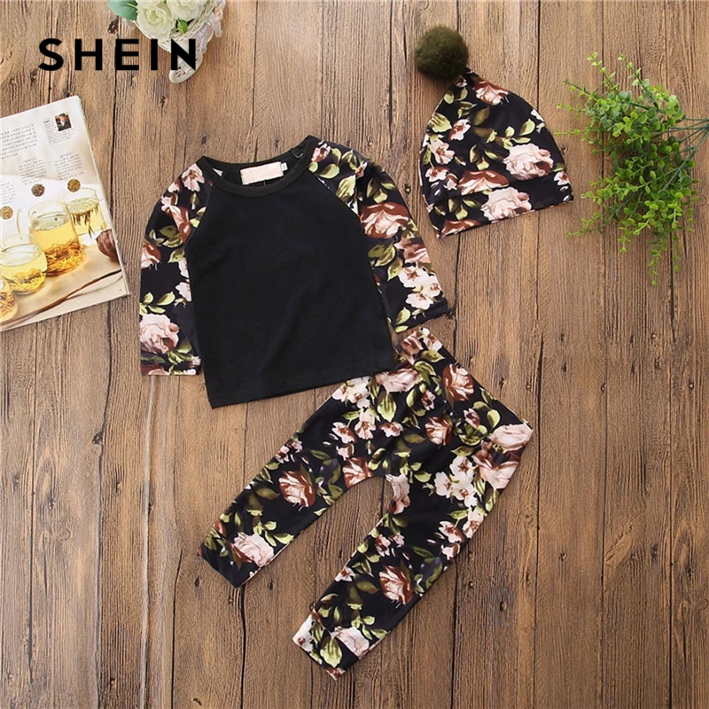 

SHEIN Kiddie Toddler Girls Floral Print Top And Pants With Hat Children Suit Sets 2019 Spring Raglan Sleeve Kids Clothes Set