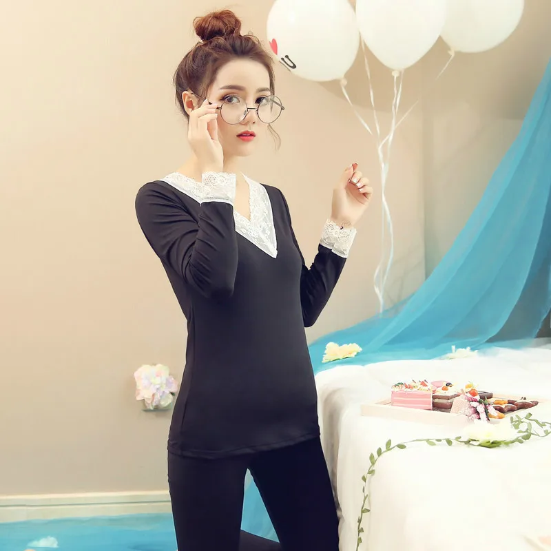 2017 Fashion V-neck Sexy Lace Slim Warm Long Johns Ladies Slim Underwears Sets Bottoming Women Tunic Winter Thermal Underwears