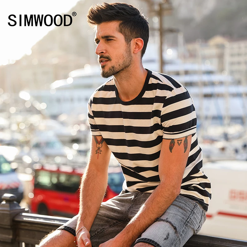 Simwood 2019 Новая летняя футболка Мужская модная полосатая с круглым вырезом мужские