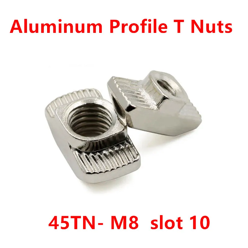 

100pcs 45-M8 T Nuts Thread M8 t Hammer Nuts T Fastener Sliding Nut Carbon Steel Nickel plated for 4545 Series Aluminum Profile