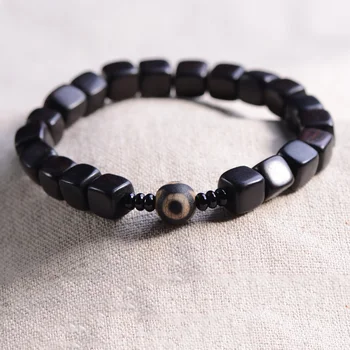 

Natural Ebony Vintage Bracelet Black Wood Tibetan Buddhism Anti-Evil Eye Jewelry For Men Women OM Prayer Protective Bangle