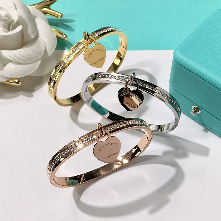 

Wholesale High Quality Brand 316L Stainless Steel Bracelet Silver/Rose Golden/Golden Bangle Crystal Setting Love Bangle Bracelet