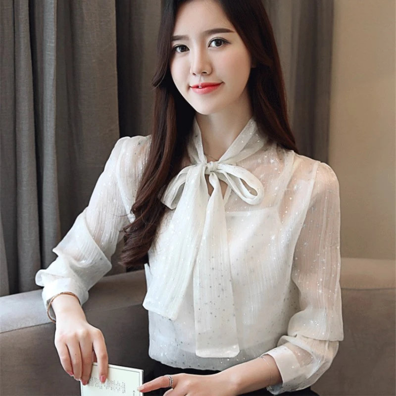 2019 camisa de gasa de moda para mujer manga larga Coreana de impresión de arco retro señoras blusa nuevas camisetas de otoño XX 100|Blusas y camisas| - AliExpress