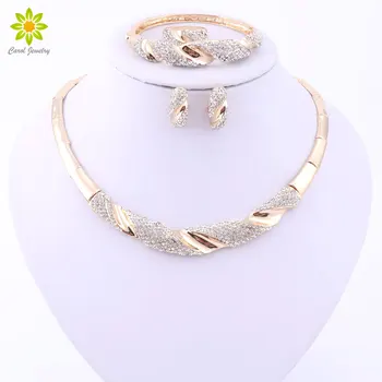 

Trendy Necklace Earrings Bracelet Ring Gold Color Jewelry Sets For Women Crystal Bridal Wedding Accessories