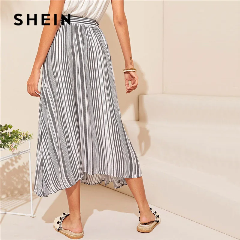 SHEIN, длинная юбка в Вертикальную Полоску с поясом, женская одежда, серая трапециевидная цельнокроеная юбка с высокой талией, Boho, пляжная юбка макси для отпуска