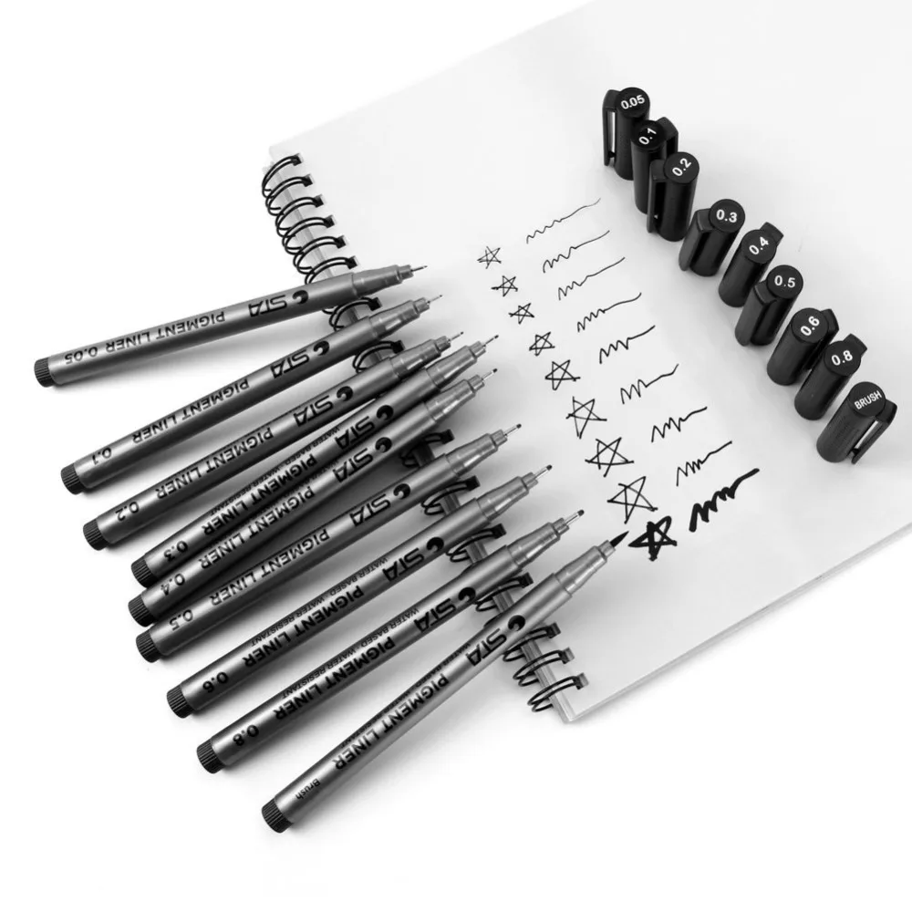 Billige 9 teile paket Pigment Liner Pigma Micron Tinte Feine Linie Pen Set 0,05 0,1 0,2 0,3 0,4 0,5 0,6 0,8 Pinsel, schwarz tinte