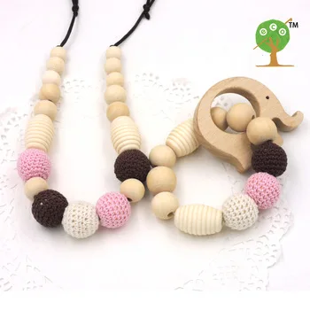 Handmade jewelry sets of nursing necklace and beech elephant wooden teether organic baby toddler teething necklace ENS50