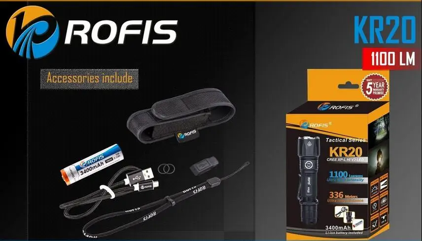 

2016 new arrived Rofis KR20 Cree XP-L HI V3 LED 1100 lumens Flashlight w/Rechargeable 18650 batte