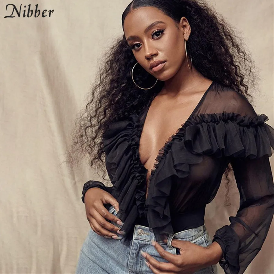 Nibber الربيع البرية أنيقة الأسود الكامل كم bodysuits2019hot الأزياء الفرنسية رومانسية الكشكشة مكتب السيدات عارضة مثير ارتداءها